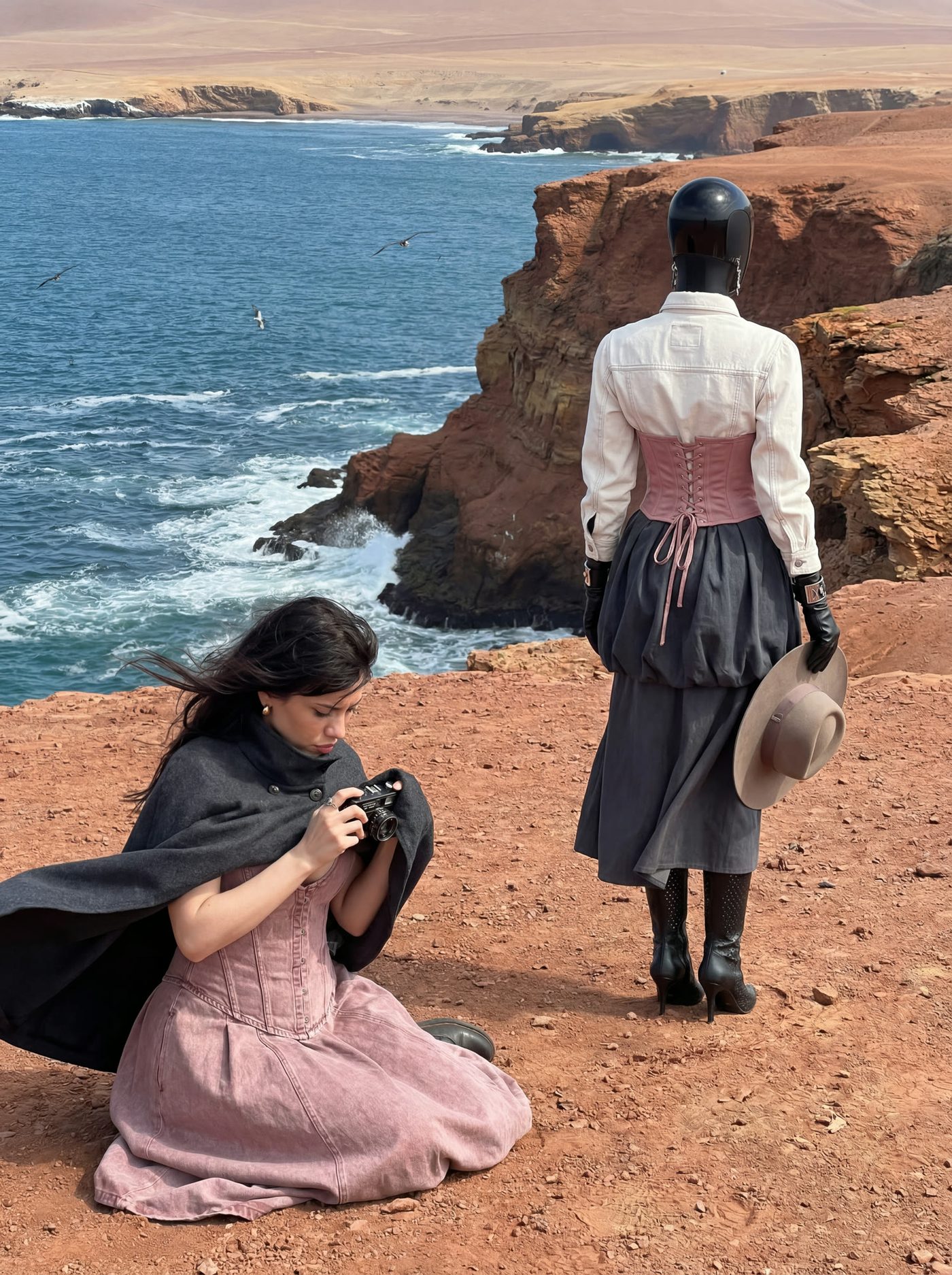 A figure photographs another standing on a cliff above the ocean