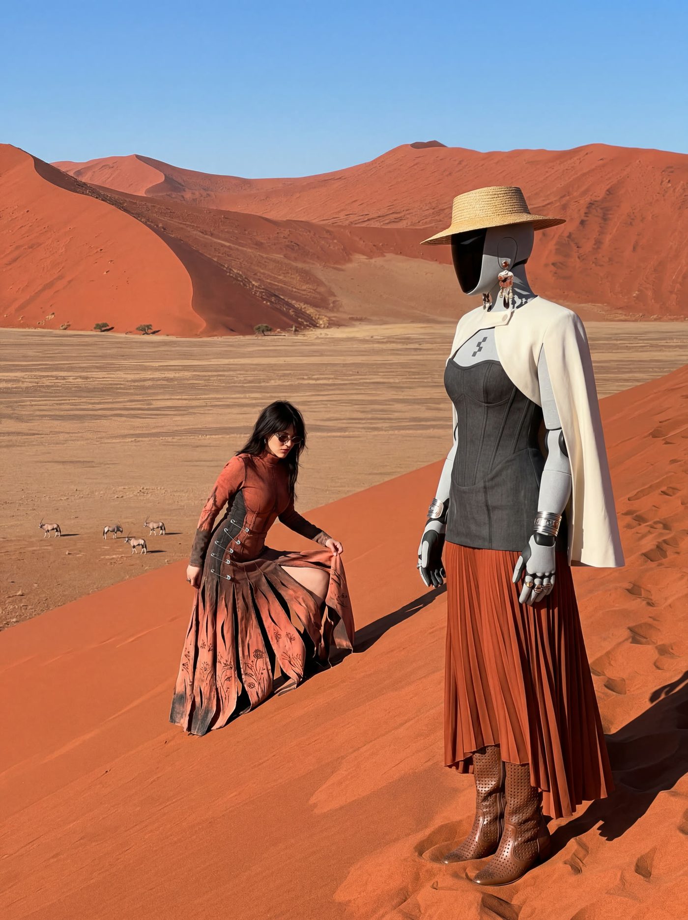 Two figures crossing an orange dune under a hard sun