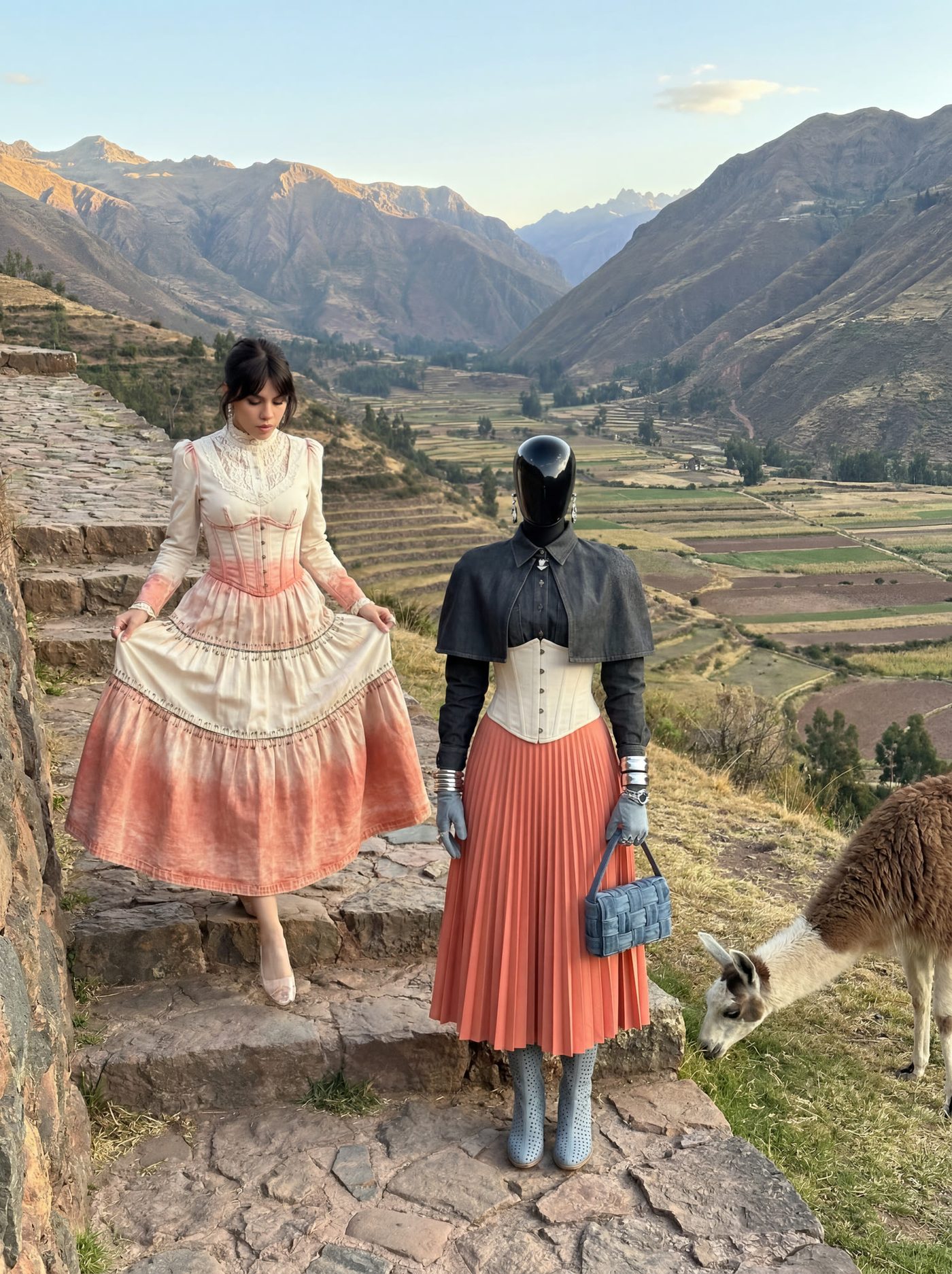 Two figures on terraced hillside steps in the Andes
