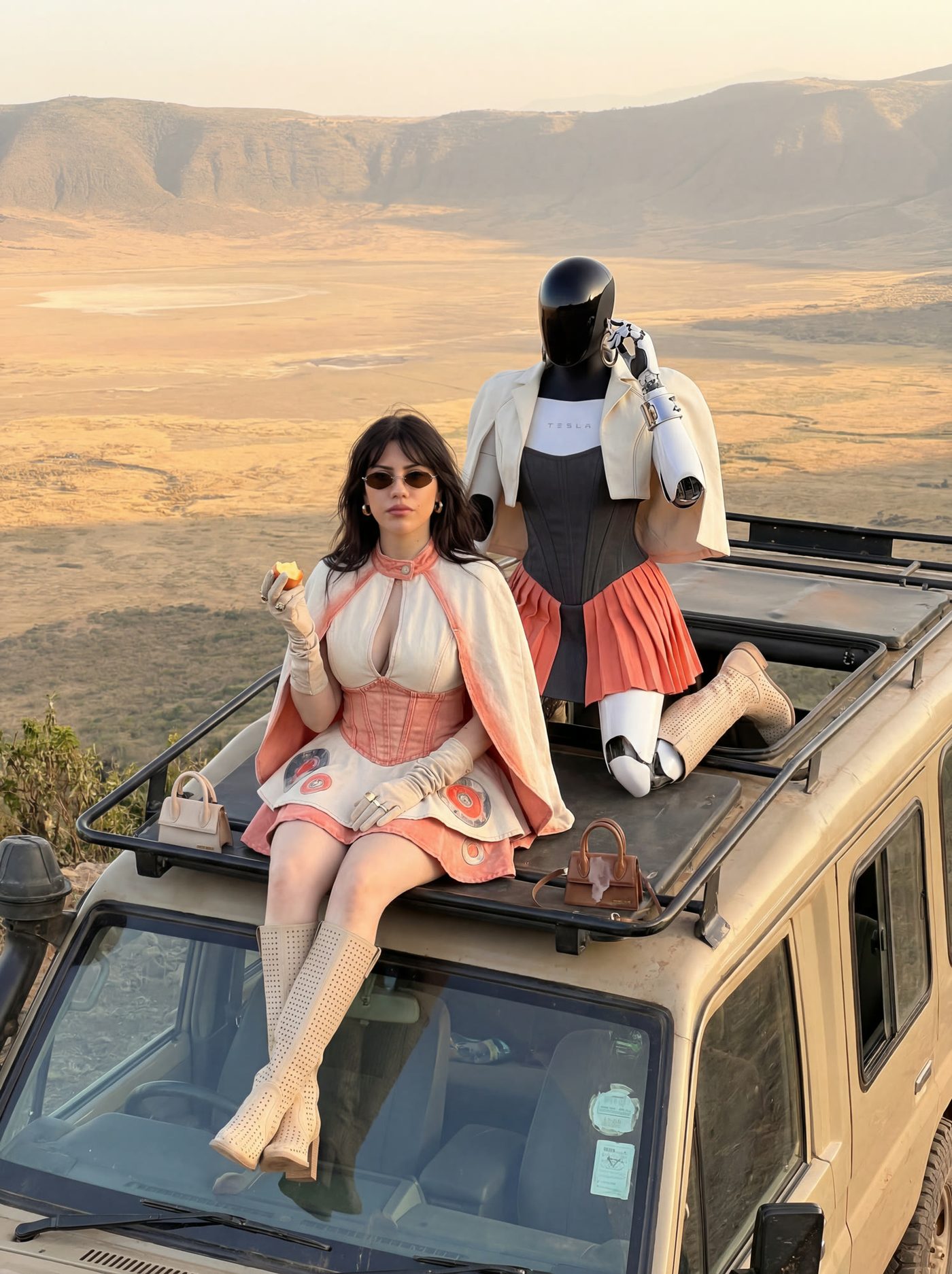 Two figures seated on the roof of a safari vehicle above a valley