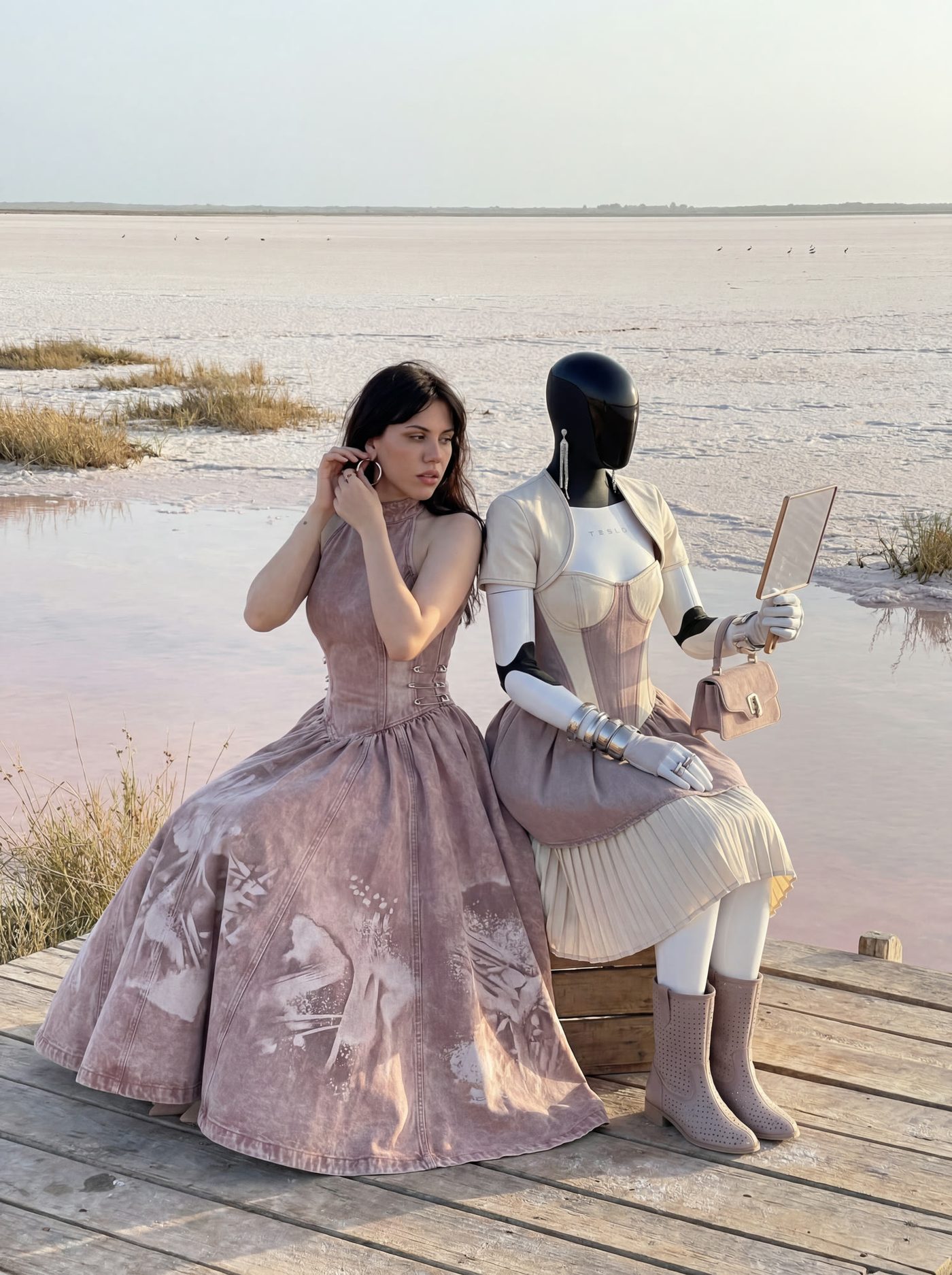 A pair in pale layered dresses at the edge of a salt lake