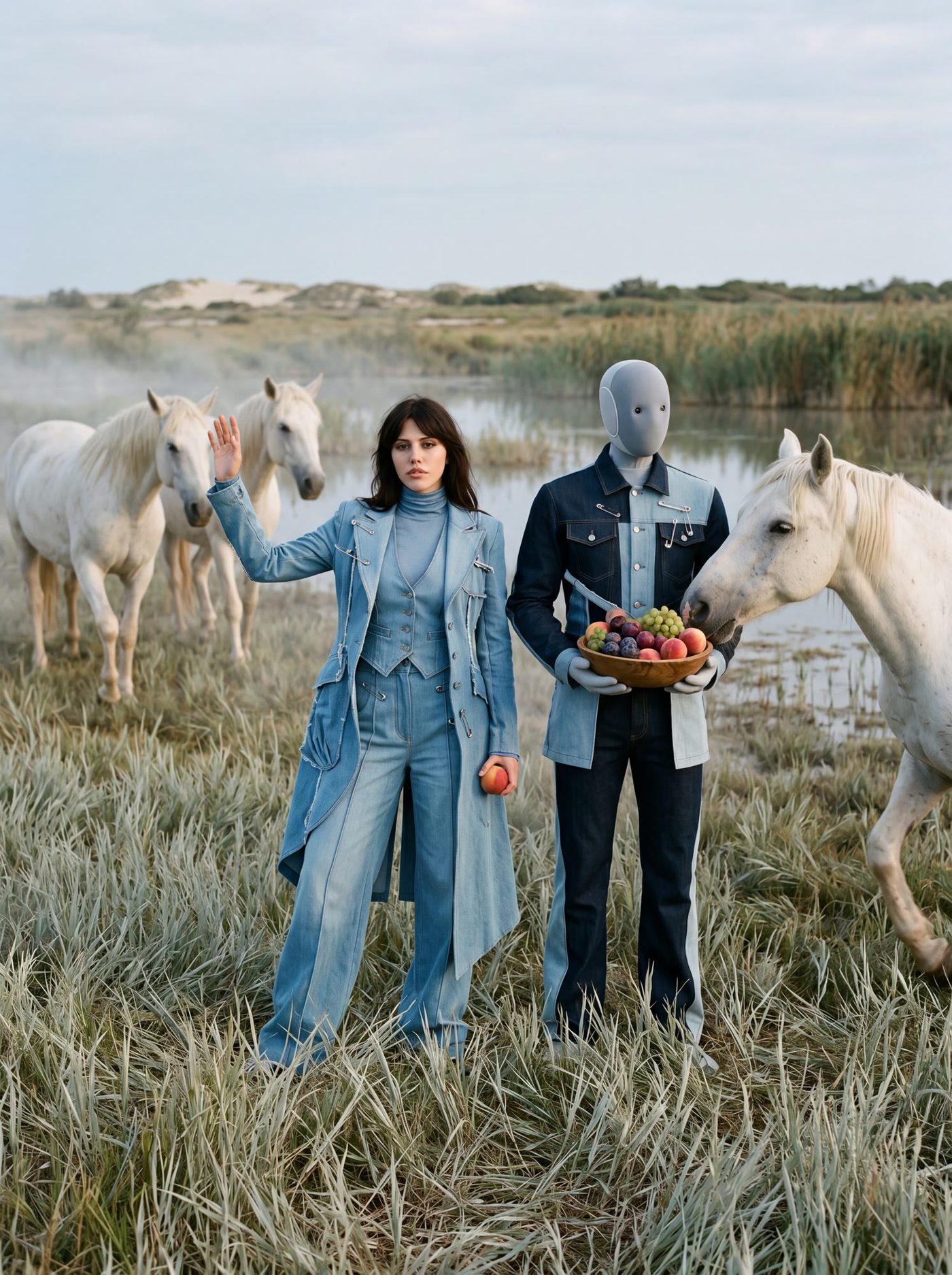 Two figures in denim standing in marsh grass with white horses behind them
