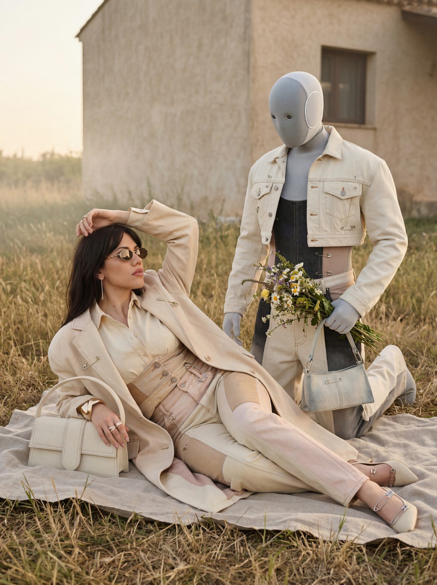 A figure in cream reclines in grass beside a standing companion