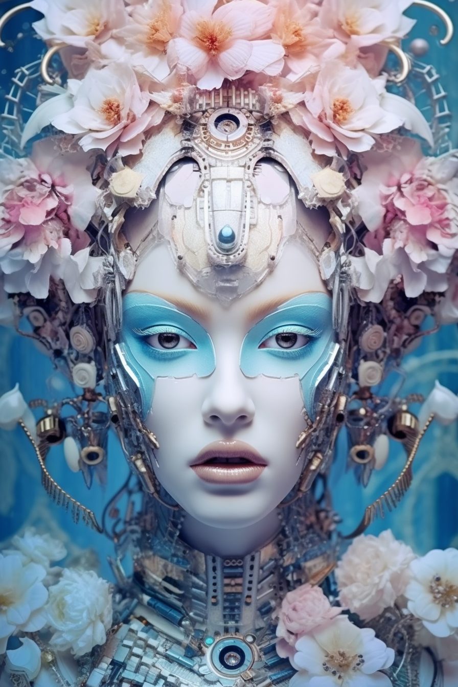 A symmetrical android face crowned with white and pink blossoms growing out of chrome mechanism, against a bright blue ground