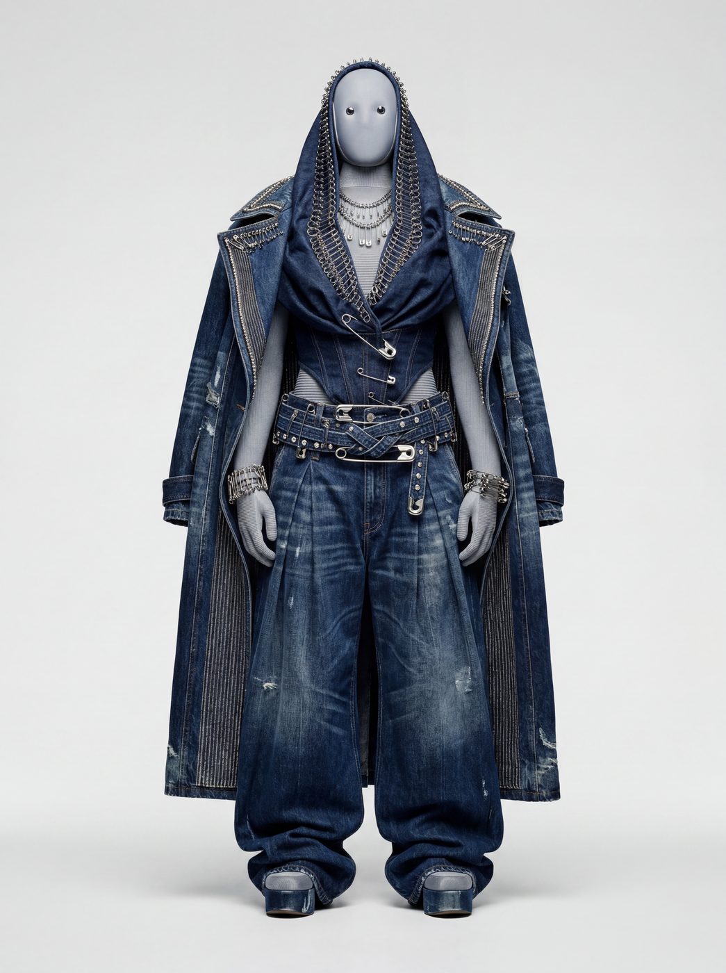 A distressed indigo denim trench coat and pin-trimmed denim hood on a mannequin against a pale sweep