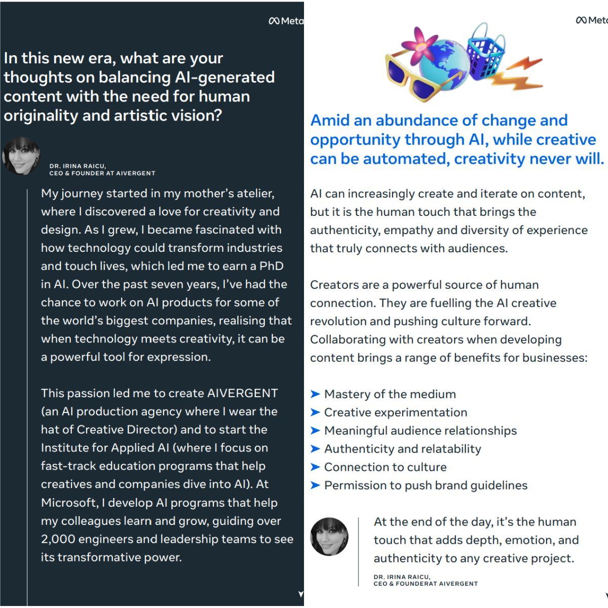 Page from the Meta AI and Creativity whitepaper featuring Dr. Irina Raicu