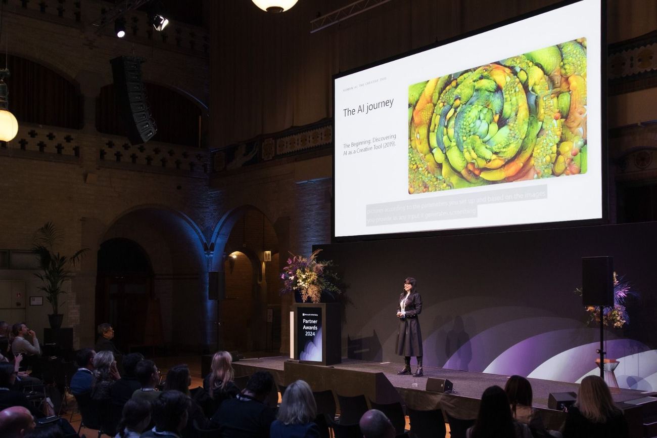 Dr. Irina Raicu speaking at Microsoft Partner Awards 2024