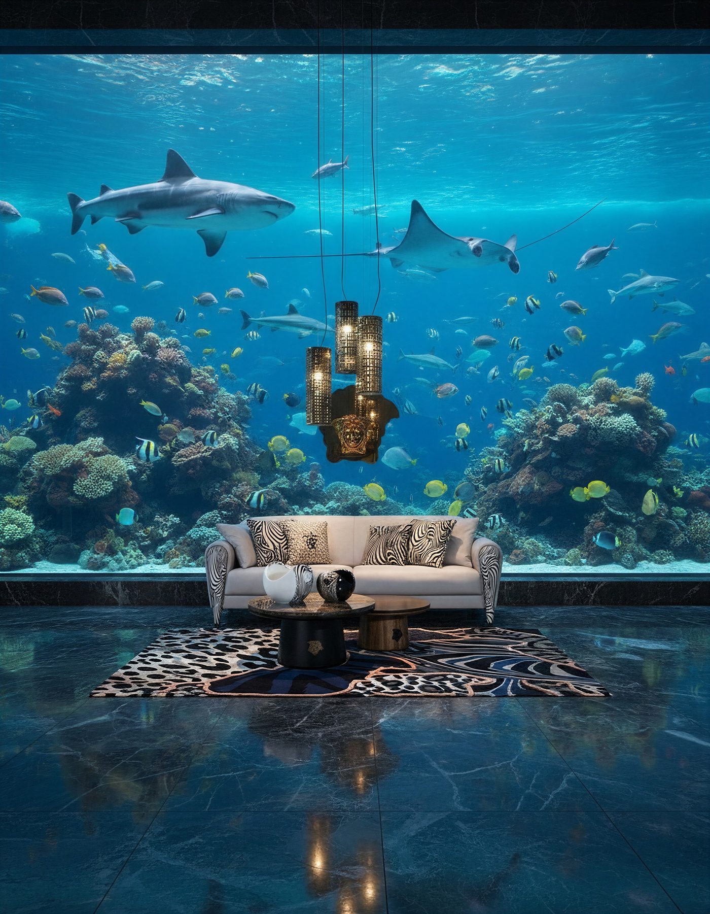 A living room set inside an aquarium, sofa and rug below sharks and a coral reef