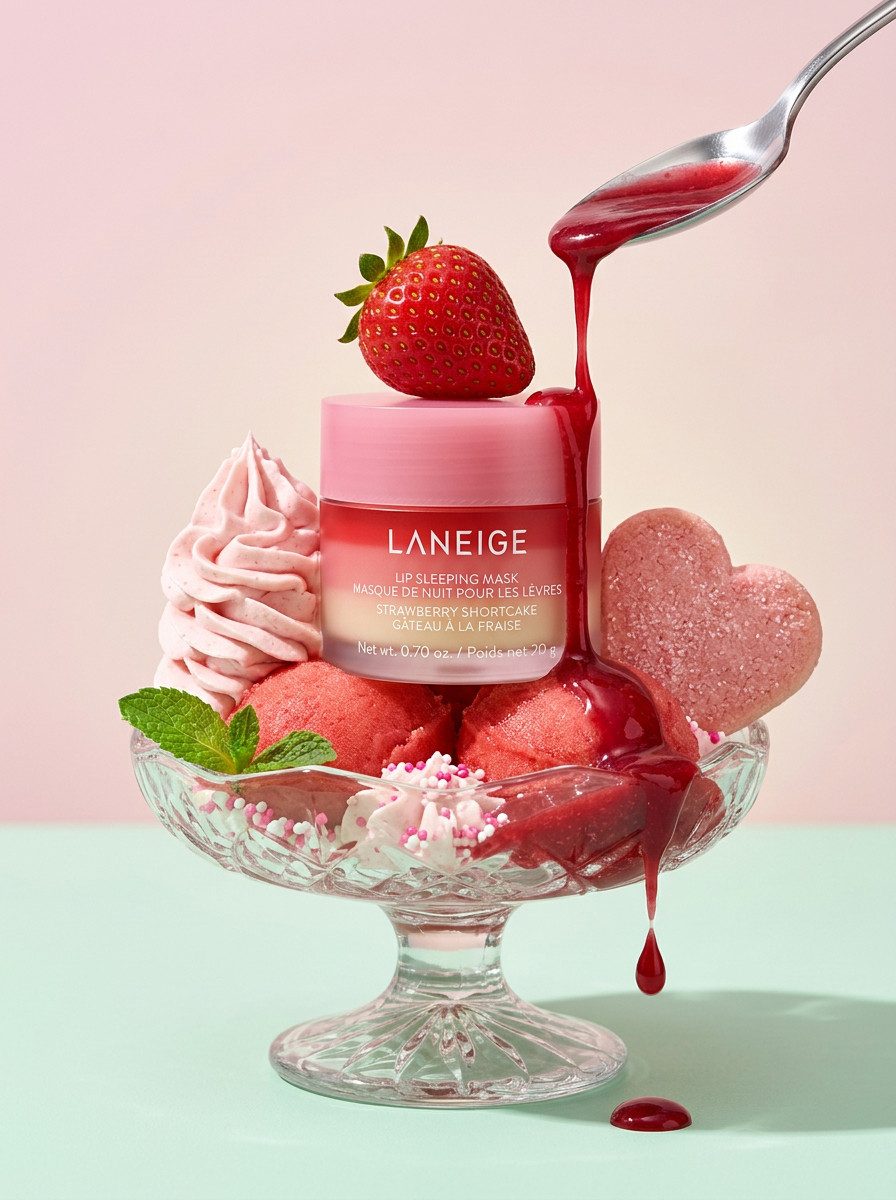 A pink beauty jar set into a coupe of strawberry sorbet, a spoon pouring syrup over a fresh strawberry