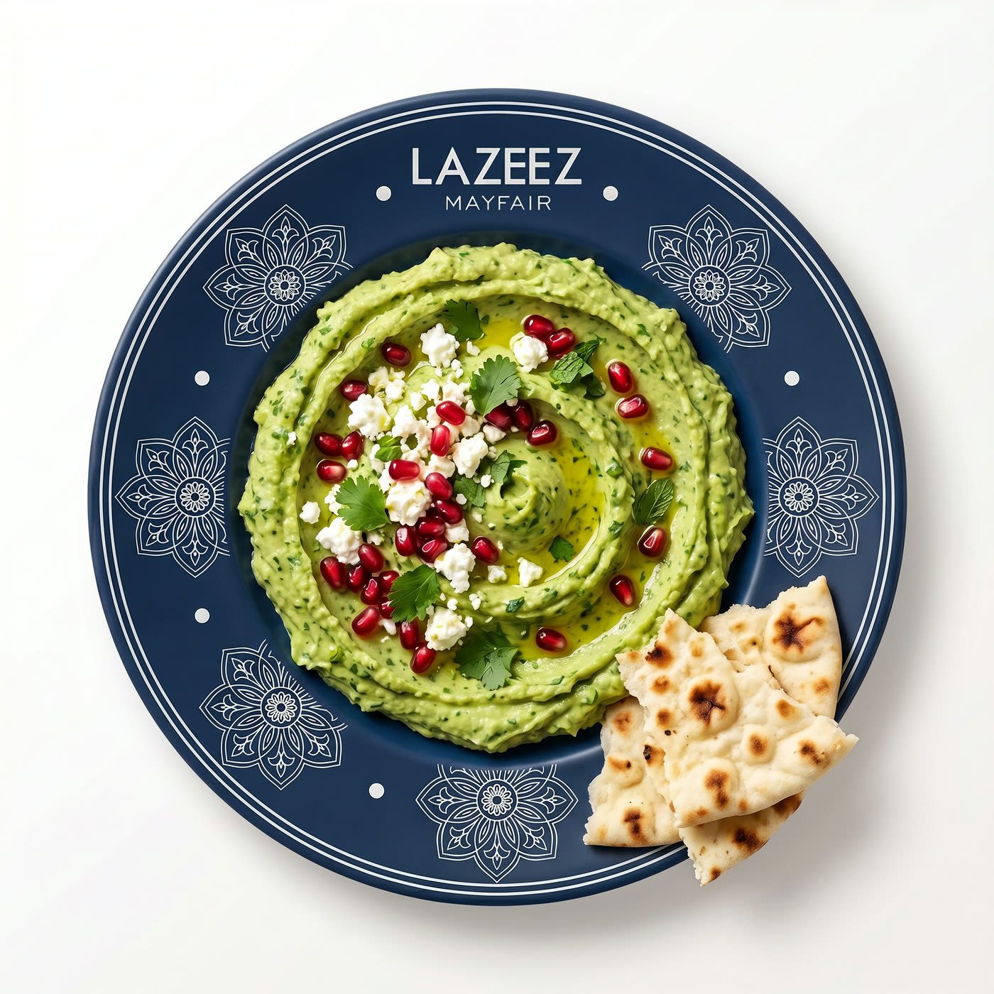 Green mezze on a navy Lazeez Mayfair plate