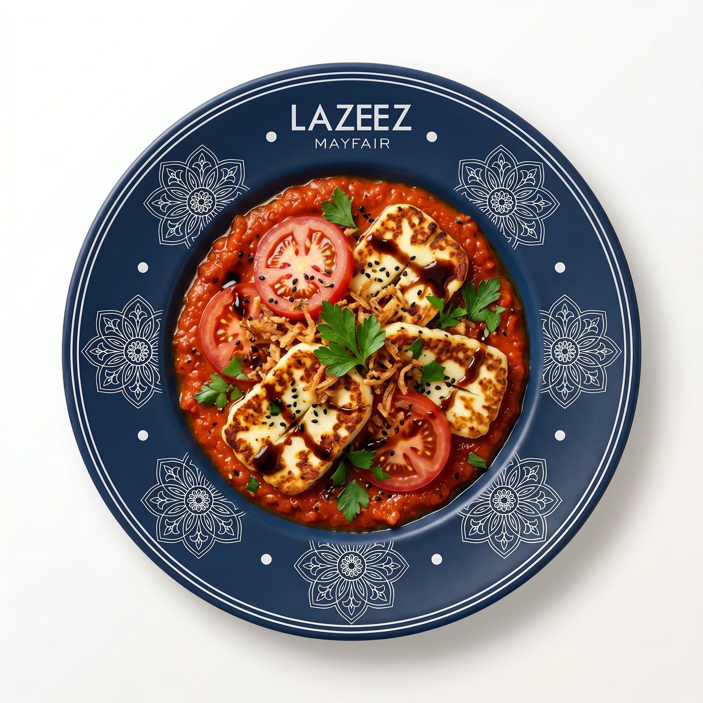 A navy Lazeez Mayfair plate of halloumi and tomatoes in a red sauce