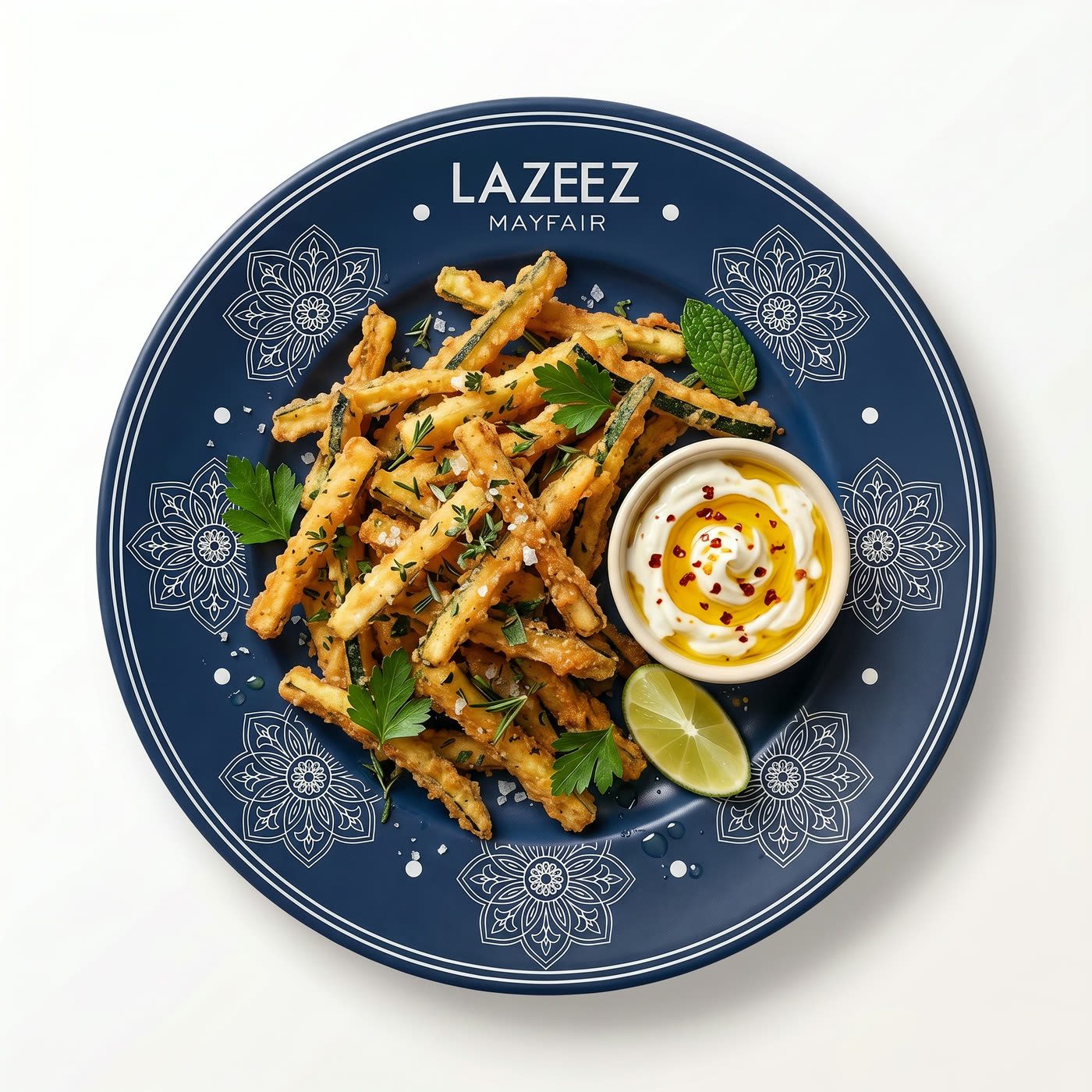 A navy Lazeez Mayfair plate of seasoned fries with a dip and a lime wedge