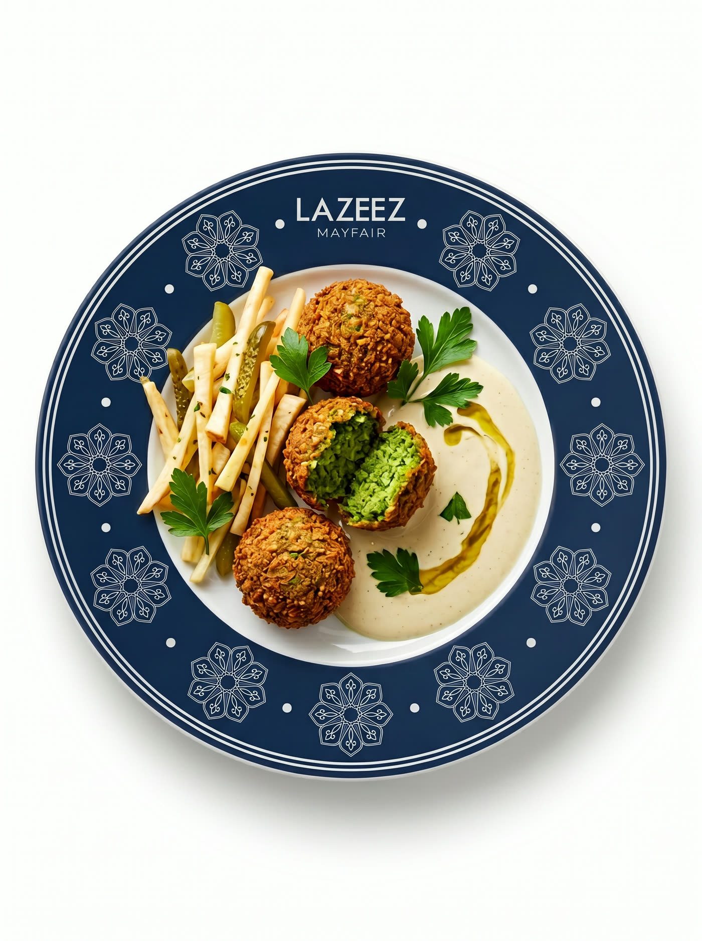 A navy Lazeez Mayfair plate of falafel, fries and hummus