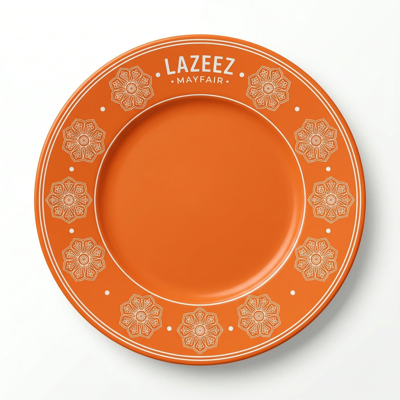 The orange Lazeez Mayfair plate on its own, showing the rim pattern