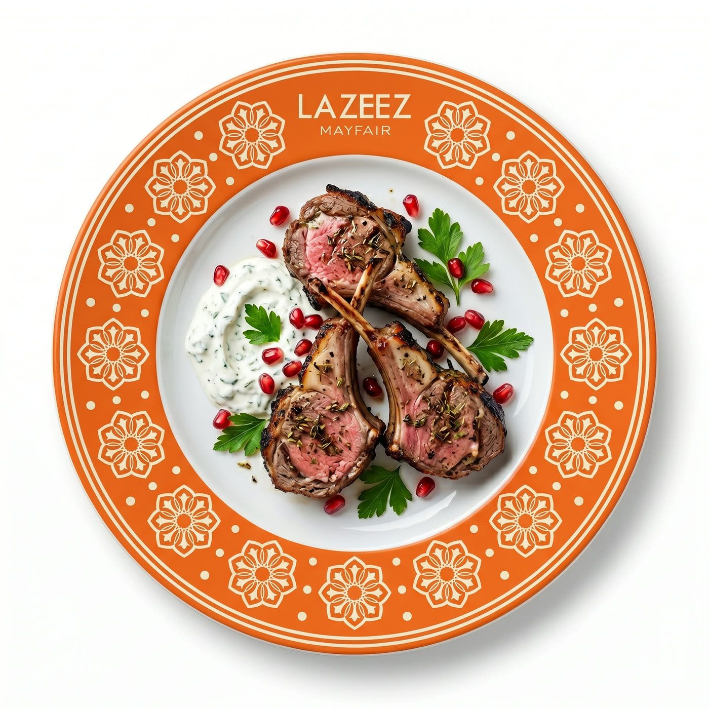 Lamb chops on an orange Lazeez Mayfair plate