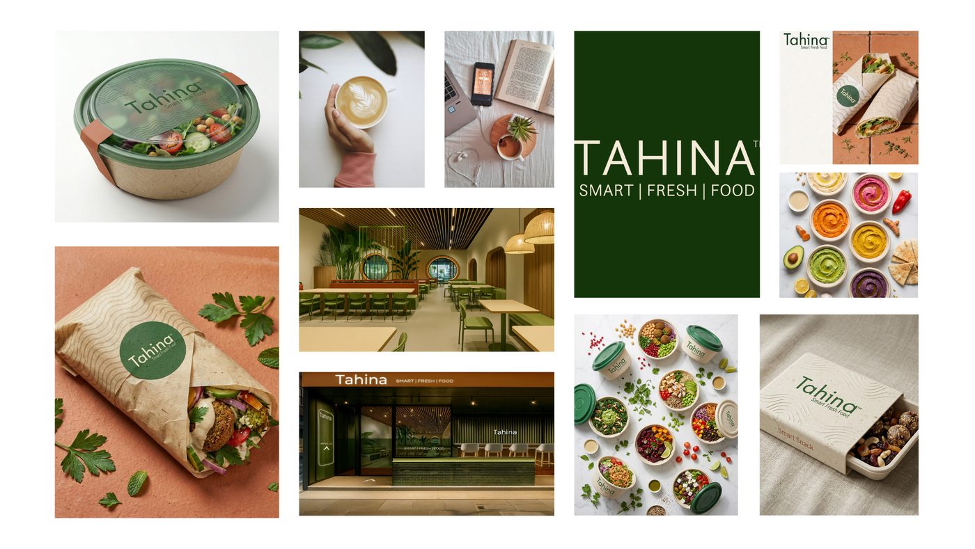 Tahina brand board: packaging, cups, storefront and menu tiles laid out in a grid