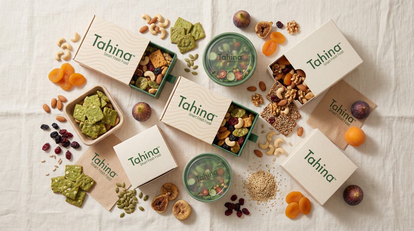 Overhead flat lay of Tahina boxes, bowls and snack packs with fruit and nuts scattered on linen