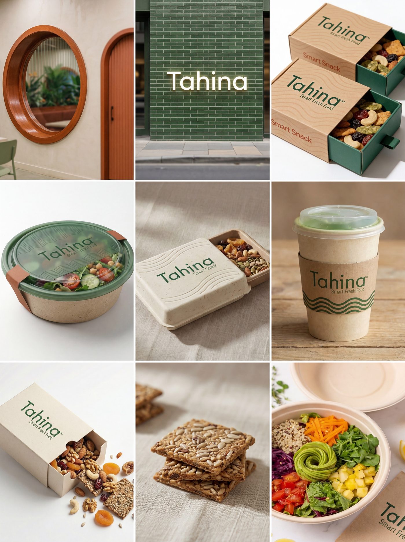Tahina identity grid: bowls, coffee cups, snack boxes and printed collateral across nine frames