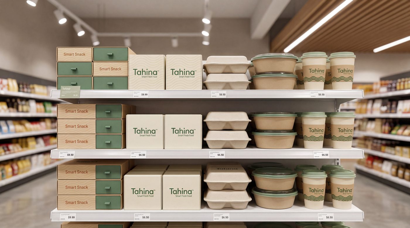 Tahina packs merchandised across three supermarket shelves in a lit retail aisle