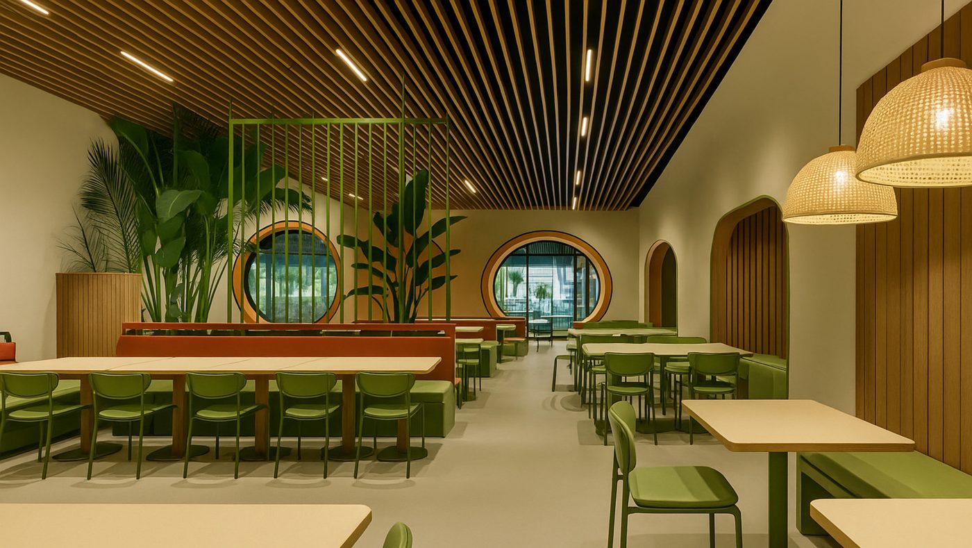 Store interior with green banquette seating, timber slat ceiling and arched windows