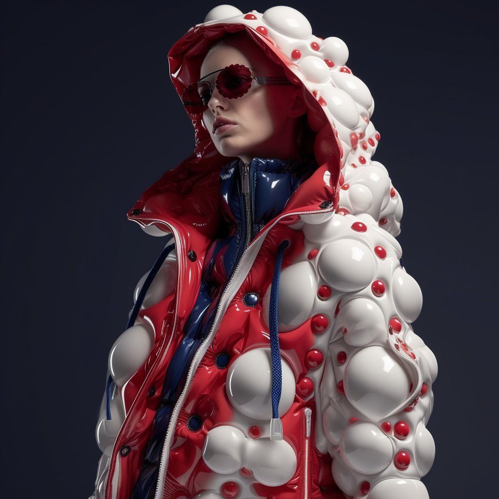 A model in sunglasses wearing a red, white and blue bubble puffer coat with a sculpted hood